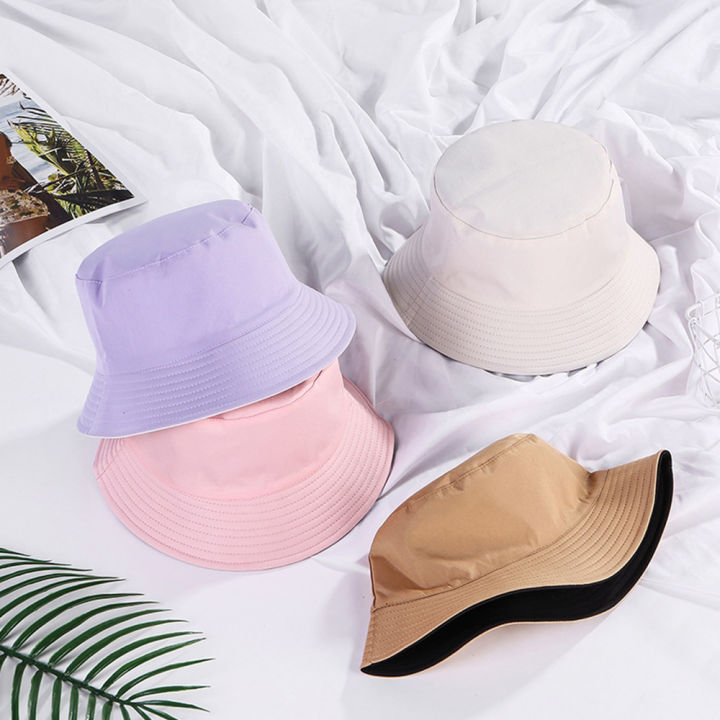 ชุดผู้หญิงชาวประมงฤดูร้อนที่เรียบง่ายหมวกสีทึบพับได้หมวกแก๊ปสำหรับทั้งชายและหญิง-topi-bucket-สองด้าน