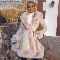 [COD] Ah yuan faux jacket with side pockets womens long coat belt synthetic fur smooth