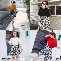 P6928  Set เสื้อสกรีนการ์ตูน+กระโปรงลายสก็อต  Set cartoon screen shirt + plaid skirt