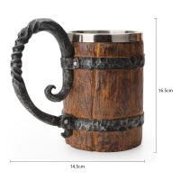 500ml Wood Style Beer Mug as Christmas Gift Simulation Wooden Barrel Beer Cup Double Wall Drinking Mug Metal Insulated