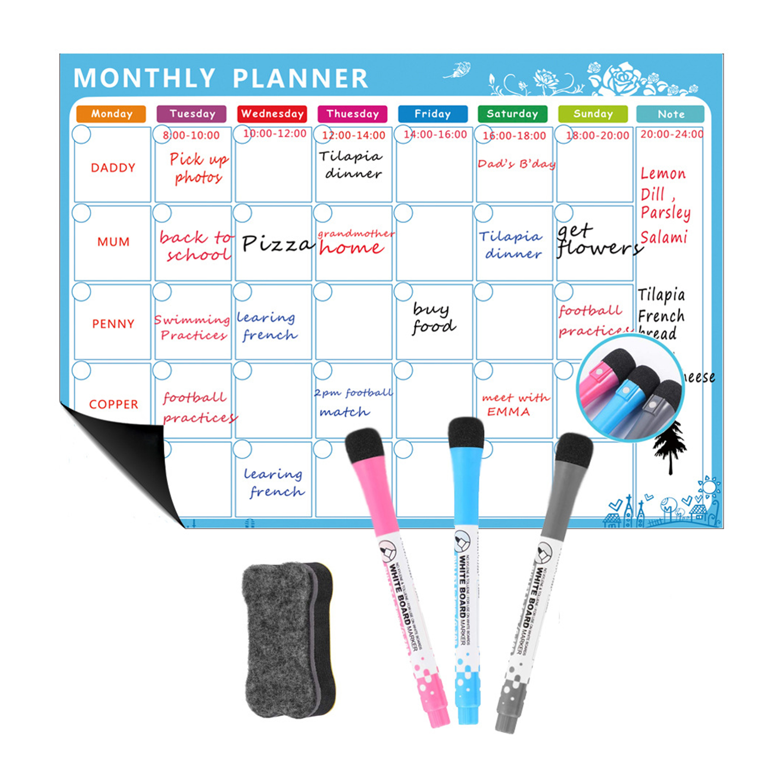 8 Pens Weekly Monthly Notes Planner A3 Magnetic Fridge Whiteboard Eraser 