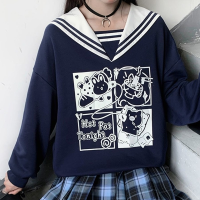 2021QWEEK Kawaii Hoodie Women Sailor Collar Crewneck Funny Print Anime Sweatshirt Japanese Streetwear 2021 Fashion E Girl Tracksuit