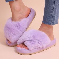 HOT★Comwarm ฤดูหนาวผู้หญิงลำลอง Fuzzy รองเท้าแตะหญิง Flip Flops รองเท้า Fluffy Cross สไลด์สุภาพสตรีนุ่ม Plush หน้าแรกรองเท้าแตะในร่ม