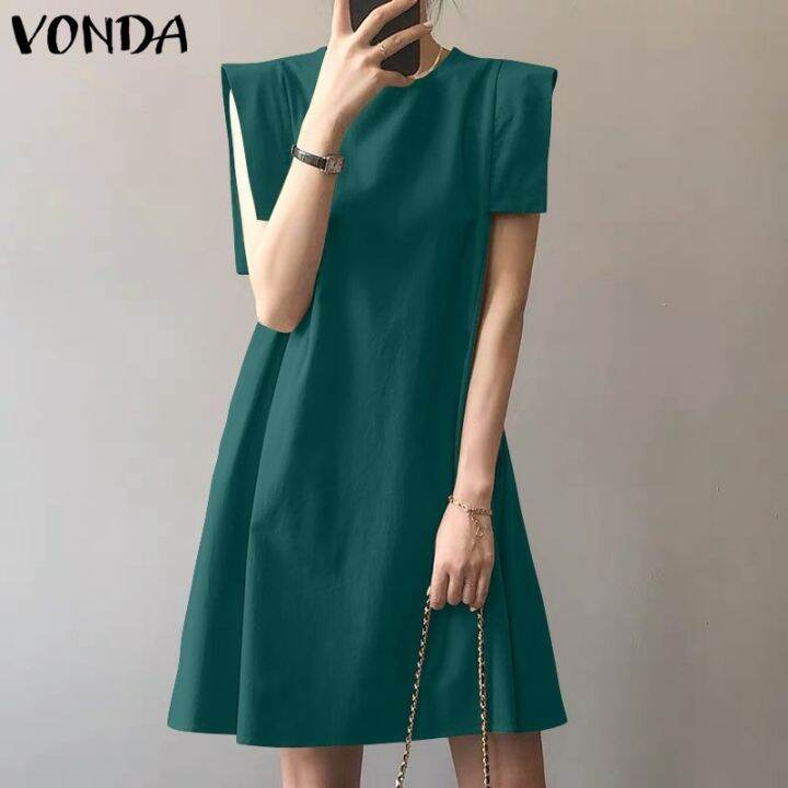 vonda-ชุดมินิเดรส-แขนกุด-คอกลม-สีพื้น-ทรงหลวม-สไตล์เกาหลี-สําหรับสตรี