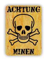 ป้ายโลหะแผ่นโลหะประดับผนังเหมือง Achtung Minen โปสเตอร์ตลกอารมณ์พิมพ์แขวน