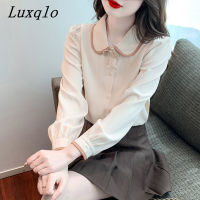 Luxqlo เสื้อเบลาส์คอเสื้อแขนยาวตุ๊กตาผู้หญิงดีไซน์ฉบับภาษาเกาหลี,เสื้อลดอายุเสื้อเสื้อเข้ารูปไซส์ใหญ่