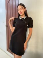 SP285BK : Diamante Collar Crepe Dress เดรสผ้าเครป คอปกเพชร