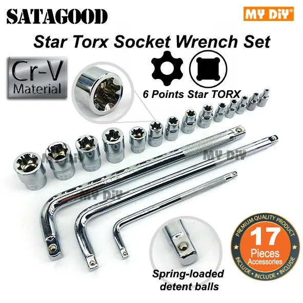 Mydiysdnbhd Sadagood Crv 17pcs 1 4 3 8 1 2 E Type Socket Wrench Tools Set Star Torx Box Socket With 3pcs L Handle Socket Wrench Extension Bar Mechanic Automotive Hand Tool Set