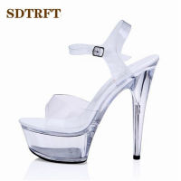 SDTRFT Plus:34-44รองเท้าแตะสำหรับสายรัดข้อเท้าฤดูร้อนผู้หญิงรองเท้าคริสตัลเซ็กซี่รองเท้าส้นสูงใสรองเท้าส้นสูงแบบบาง15ซม.