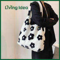 Living idea กระเป๋าสะพายไหล่ กระเป๋าถือ ทรงโท้ท พิมพ์ลายดอกไม้ ผ้ากํามะหยี่ ขนนิ่ม แบบพกพา สไตล์สตรีท ✿