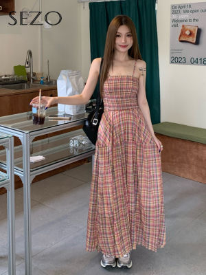 SEZO Korean Checkered Mid Length Suspender Dress for Woman