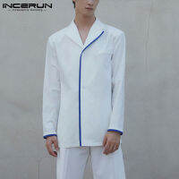 [Perfectly] INCERUN เสื้อเชิ้ตผู้ชาย Patchwork Lapel แขนยาว Streetwear Button Tops (สไตล์เกาหลี)