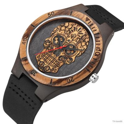 ⌚ นาฬิกา Skull wooden watches quartz double color calibration dial watches round dial mens watch