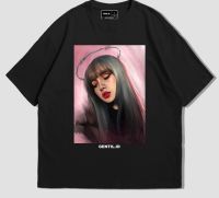 เสื้อยืด ลาย Gentil Angel Lisa BlackPink ขนาดใหญ่ สีดํา สําหรับผู้ชาย และผู้หญิง ไซซ์ M สตรีท เสื้อยืดคอกลม เกาหลี