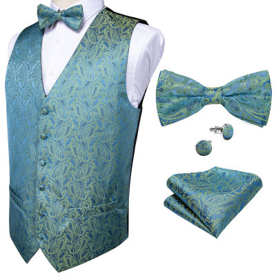 Men Teal Blue Paisley Suit Vest Silk Waistcoat Formal Paisley BowTies Cufflinks Pocket Square Set Tuxedo Male Gift J-114 Dobby