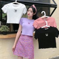 Womens High Waist Cropped Short T-shirt Butterfly Embroidery Crop Top