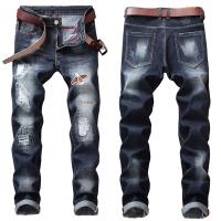 Men’s high quality slimming black denim pants embroidery decors ripped jeans wash&amp;scratches casual jeans pants;