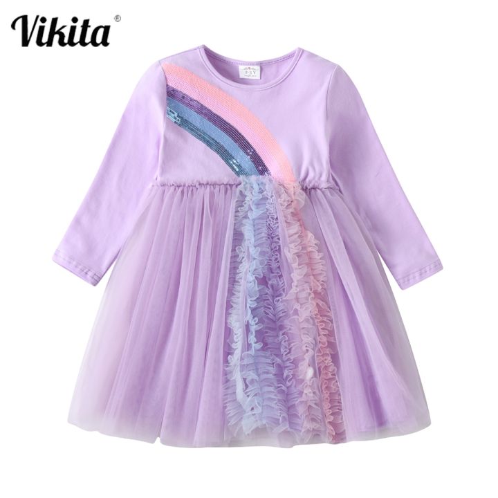 jeansame-dress-vikita-ชุดเดรสสำหรับเด็กผู้หญิงแขนยาวฤดูใบไม้ร่วงชุด-sequined-party-prom-เครื่องแต่งกาย-rainbow-ตาข่าย-tulle-ชุดเด็ก-clothing