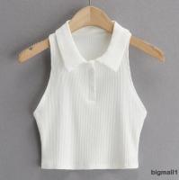 BIGMALL-Women´s y Sleeveless Lapel Polo Collar Solid Color Vest, Casual Tight Button Decoration Clothing