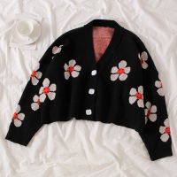 Female Knitting Cardigans Long Sleeve Flower Sweater Long Sleeve V Neck Loose Elegaht Thicked Pull Femme Print Short Casual Top