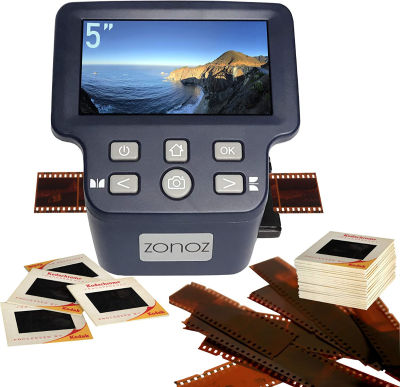 zonoz FS-5 Digital Film & Slide Scanner - Converts 35mm, 126, 110, Super 8 & 8mm Film Negatives & Slides to JPEG - Includes Large Bright 5-Inch LCD & Easy-Load Film Inserts Adapters
