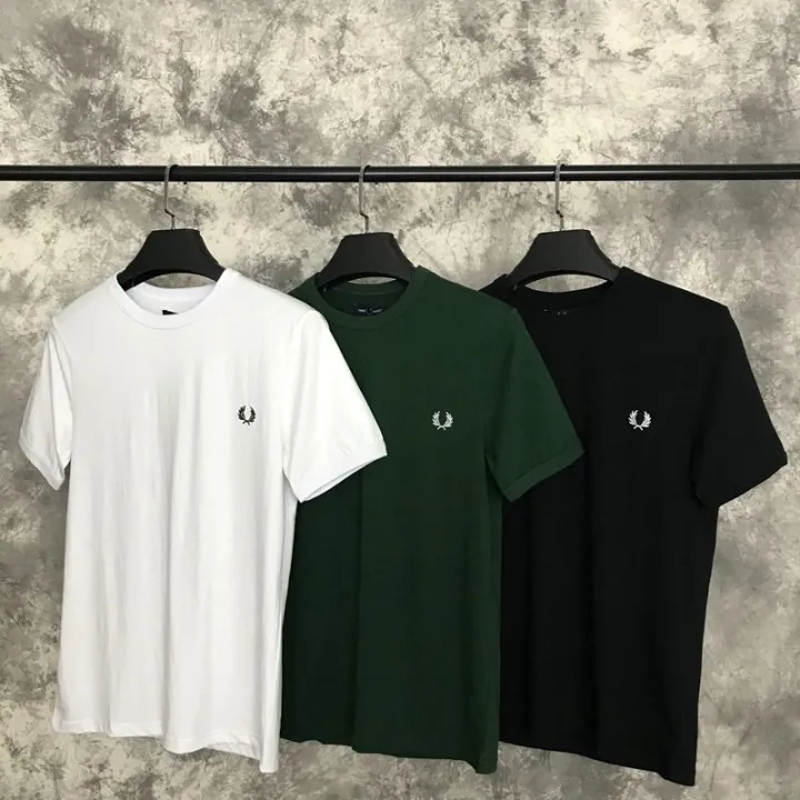 เสื้อยืดแขนสั้นปักลายสีทึบมีหูข้าวสาลี-fredperry-fredperry-สำหรับคอกลมผู้ชายบริสุทธิ์ผ้าฝ้ายหลวมฤดูร้อนแบรนด์อังกฤษ