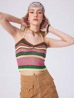 Cider เสื้อครอปคล้องคอผู้หญิง เสื้อแฟชั่นผู้หญิง ลุคไปทะเล สไตล์เซ็กซี่Halter Stripe Knitted Crop Cami Top