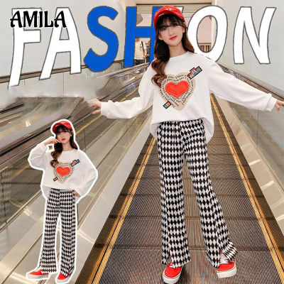 AMILA ชุดเด็กผู้หญิง สไตล์เกาหลีกลางและใหญ่กางเกงเด็กผู้หญิงเสื้อกันหนาวชุดสองชิ้น