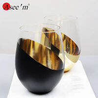 ชุด2 Stemless แก้วไวน์ EmbellishedPlating ทองสีดำสีการออกแบบที่ไม่ซ้ำกันพรรคคริสตัลแต่งงานแก้วไวน์แดง
