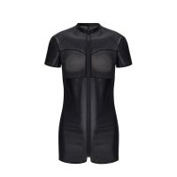 Mens One-piece Shiny Metallic Crew Neck Short Sleeves Mesh Patchwork Skin-Tight Short Bodysuit Male Jumpsuit Clubwear