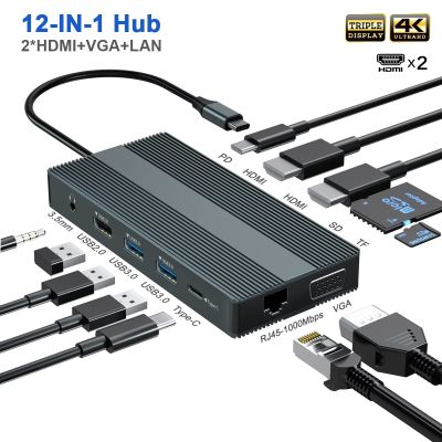 จอภาพคู่ USB ฮับ C สามแท่นวางมือถือดิสเพลย์ที่มี2 HDMI VGA Gigabit Ethernet Type-C PD Sd/tf 3.5Mm อะแดปเตอร์สำหรับ MacBook Feona