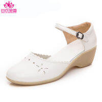 Nurse Shoes Summer Female 2018 เสื้อผ้าแฟชั่น New Style round Head Slanted Heel Breathable Anti-slip Soft Bottom White Semi-high