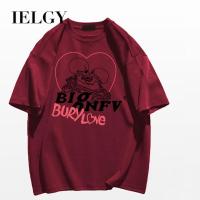 IELGY เสื้อยืดแขนสั้นผู้ชาย,สีแดงไวน์สไตล์ฮ่องกงย้อนยุคผ้าฝ้ายหลวมเสื้อคู่