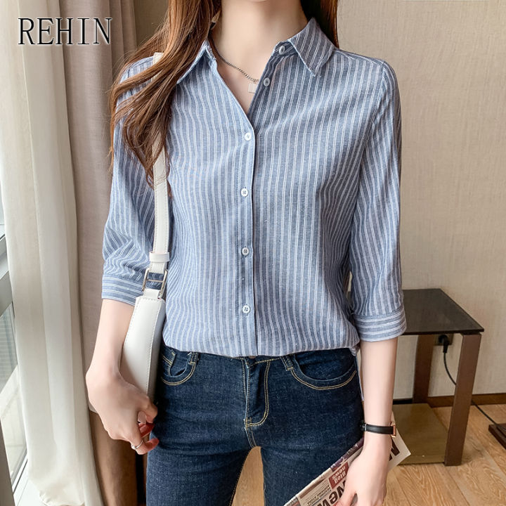 rehin-เสื้อเชิ้ตลายทางแนวตั้งสีฟ้าแขนยาว3-4-เสื้อทำงานคอปกทรงหลวมเข้ารูปชุดทำงานธุรกิจเสื้อเบลาส์ผู้หญิง