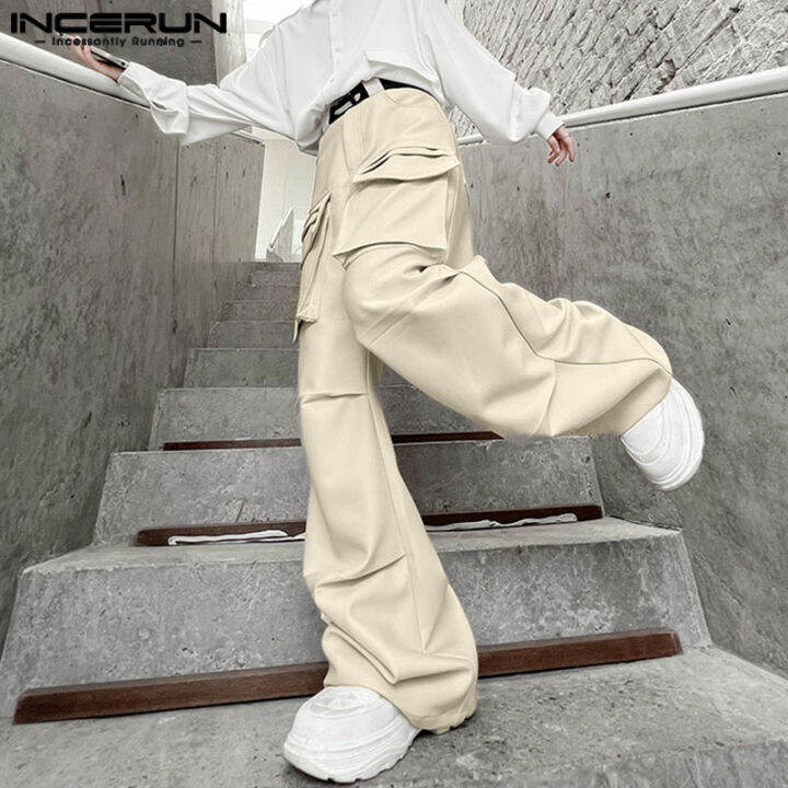 incerun-กางเกงผู้ชายกระเป๋าหลากหลายตรงลำลอง-chino-สไตล์เกาหลี