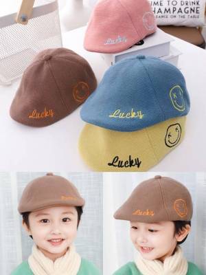 หมวกเด็กสไตล์เกาหลี ทรงติ่งลี่ ปักภาษาอักฤษและรูปยิ้ม ใส่ได้ทั้งเด็กชายและเด็กหญิง เด็กขนาด 1-4 ขวบ ใส่ได้