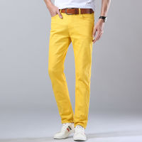 Classic Style Mens Jeans Fashion Casual Business Slim Fit Elastic Jeans Green Yellow Red Brand Mens Pants
