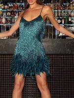 y Tassel Sequins Feather Mini Dress ashion Spaghetti Stitching Dresses Female Elegant Evening Party Clubs Dress