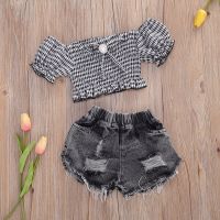 2-9Y Summer Fashion Kids Baby Girls Clothes Sets Plaid Print Short Sleeve T Shirts Tops Denim Shorts 2pcs  by Hs2023