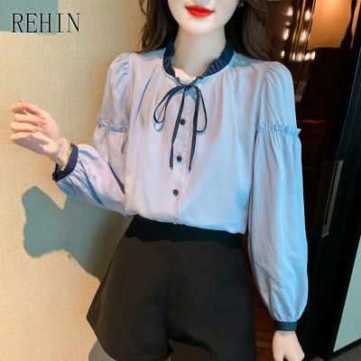 REHIN ผู้หญิงฤดูใบไม้ร่วงใหม่ขนาดเล็ก Stand-Up Collar Lace Bow Tie เสื้อแขนยาวโคมไฟ Niche Elegant เสื้อชีฟอง
