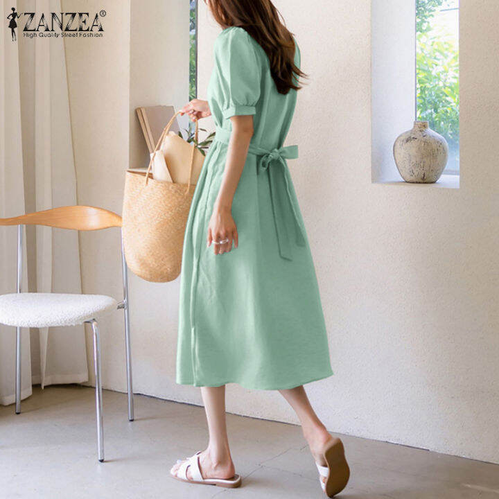 สินค้ามาใหม่-จัดส่งฟรี-fancystyle-zanzea-ชุดซันเดรสทรงเอไลน์หลวมสำหรับวันหยุดชุดคอตัว-o-แขนพองสั้นสไตล์เกาหลีของผู้หญิง-10