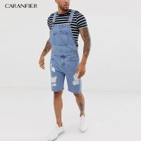 CARANFIER 2019 Summer Men Blue Black Short Jeans Overalls Fashion Ripped jeans jumpsuit shorts Men Trend Denim Suspender Pants