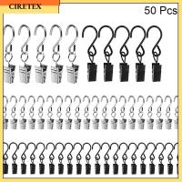 CIRETEX 50Pcs เหล็กไร้สนิม S-hooks คลิปหนีบม่าน ง่ายต่อการใช้ สีดำและสีเงิน คลิปไฟแขวนปาร์ตี้ แข็งแรงทนทาน ยาว2.4นิ้ว คลิปหนีบผ้าม่าน เต็นท์ตั้งแคมป์ตกแต่งบ้าน