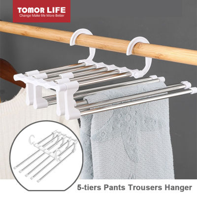 Tomor Life ไม้แขวนกางเกง5ชั้น,ที่แขวนกางเกงสแตนเลสอเนกประสงค์ตู้เสื้อผ้ายืดหดได้