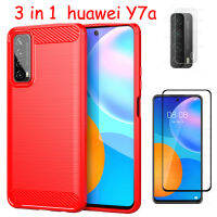 [3 In 1] เหมาะสำหรับHuawei Y7a 2020แปรงคาร์บอนไฟเบอร์เคสโทรศัพท์ + หน้าจอกระจกเทมเปอร์ฟิล์มป้องกัน + ฟิล์มเลนส์