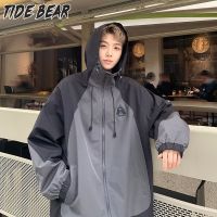 TIDE BEAR เสื้อฮู้ดแจ็กเก็ตผู้ชายสไตล์รัฟเฟียสกันน้ำกันลมมีฮู้ดทรงหลวมสีแจ็คเก็ตหนา