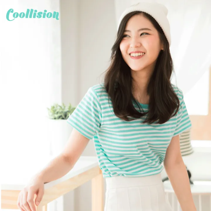 coollision-เสื้อยืดลายทาง-สีเขียวmint-สีขาว-set-1cm-เสื้อลายทางคอกลม-เนื้อผ้าฝ้ายผสม-มีหลายสี-ใส่ดีไม่มีย้วย-สีไม่ตก-unisex-ลายแถบ-ธรรมดา-ลำลอง