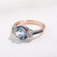 YEZOXA Round Cut Created Blue Topaz Blue Spinel 925 Sterling Silver 14K Rose Gold Plating Halo Ring For Women Size #5 6 7 8 9