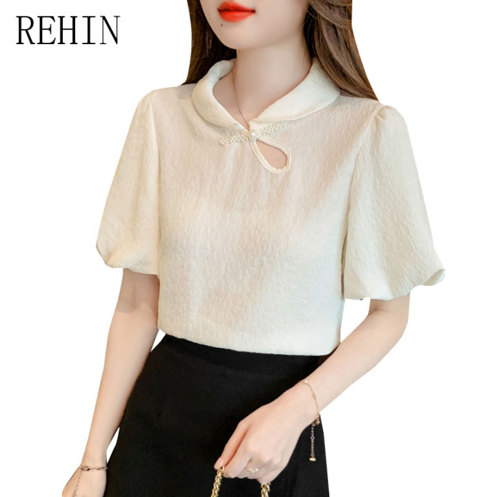 rehin-เสื้อผู้หญิงสไตล์จีนใหม่-เสื้อกลวงออกเสื้อแขนสั้นผ้าบับเบิ้ลแขนเสื้อเชิ๊ตสตรีเข้ารูปลดอายุสำหรับฤดูร้อน