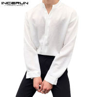 Incerun เสื้อเชิ้ตลําลองสําหรับผู้ชายแขนยาวคอวีทรงหลวม